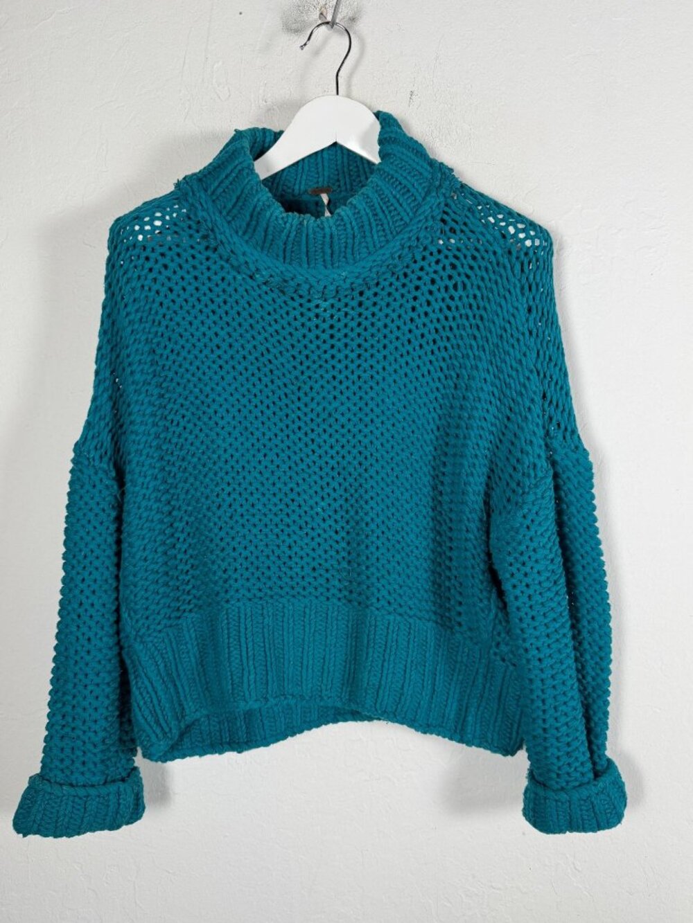 Free People My Only Sunshine Sweater Teal Mock Neck Chunky Knit Pullover Small
